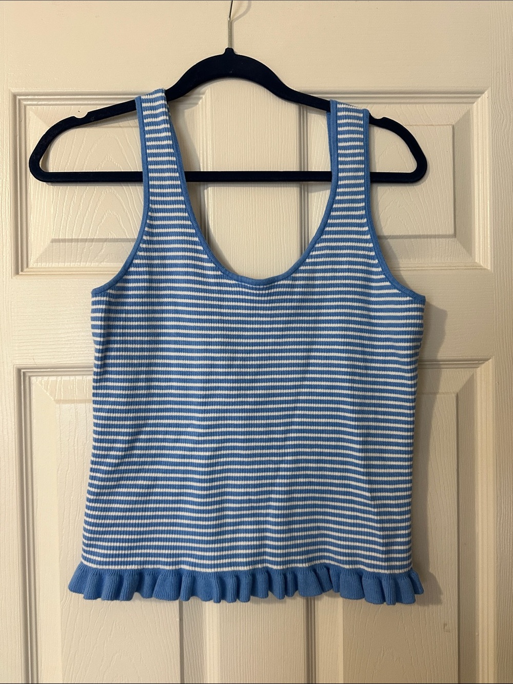 Striped Blue and White Ruffle-Hem Tank Top